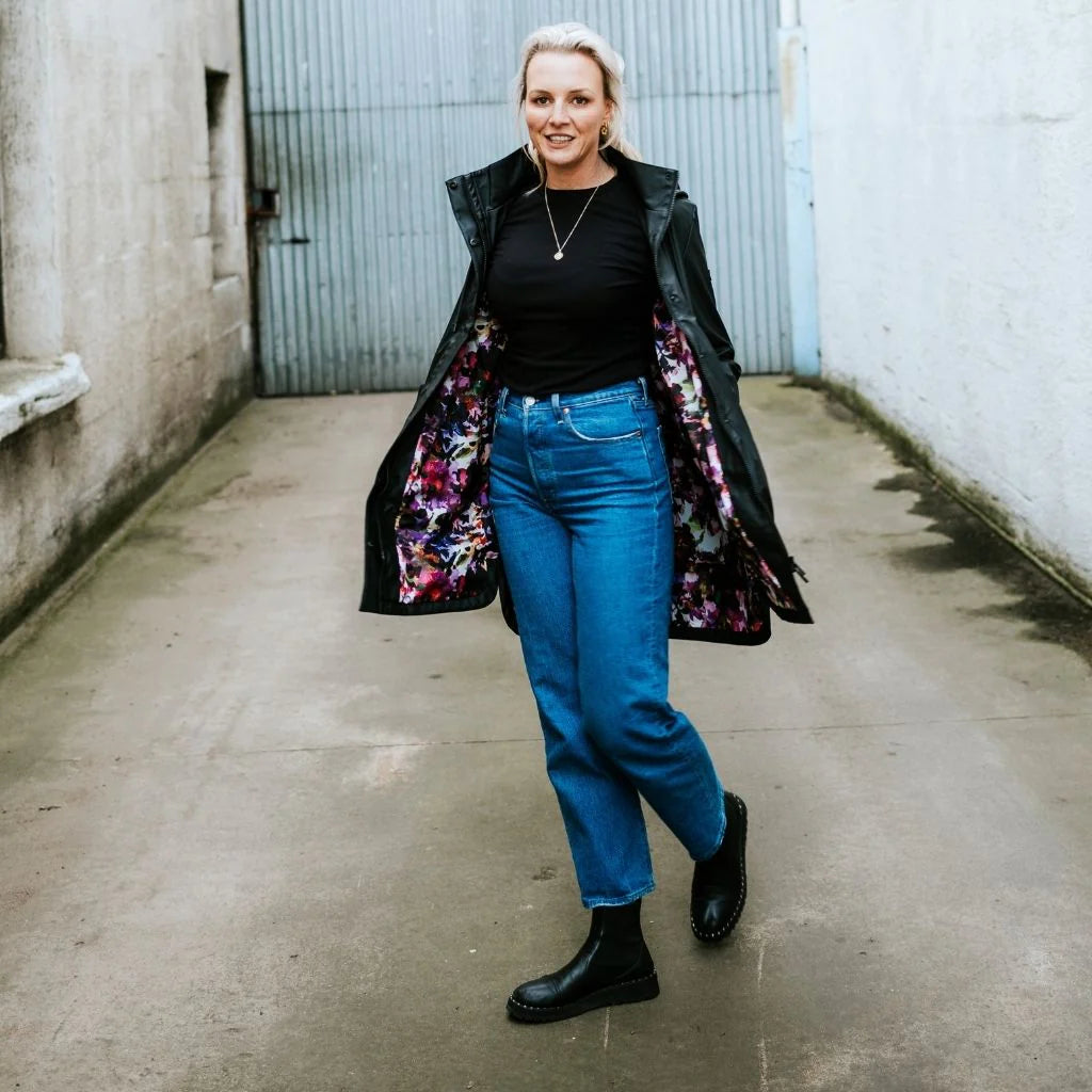 Billie Rain Coat - Black w Purple Fleur - MOKE Jacket NZ LUMA