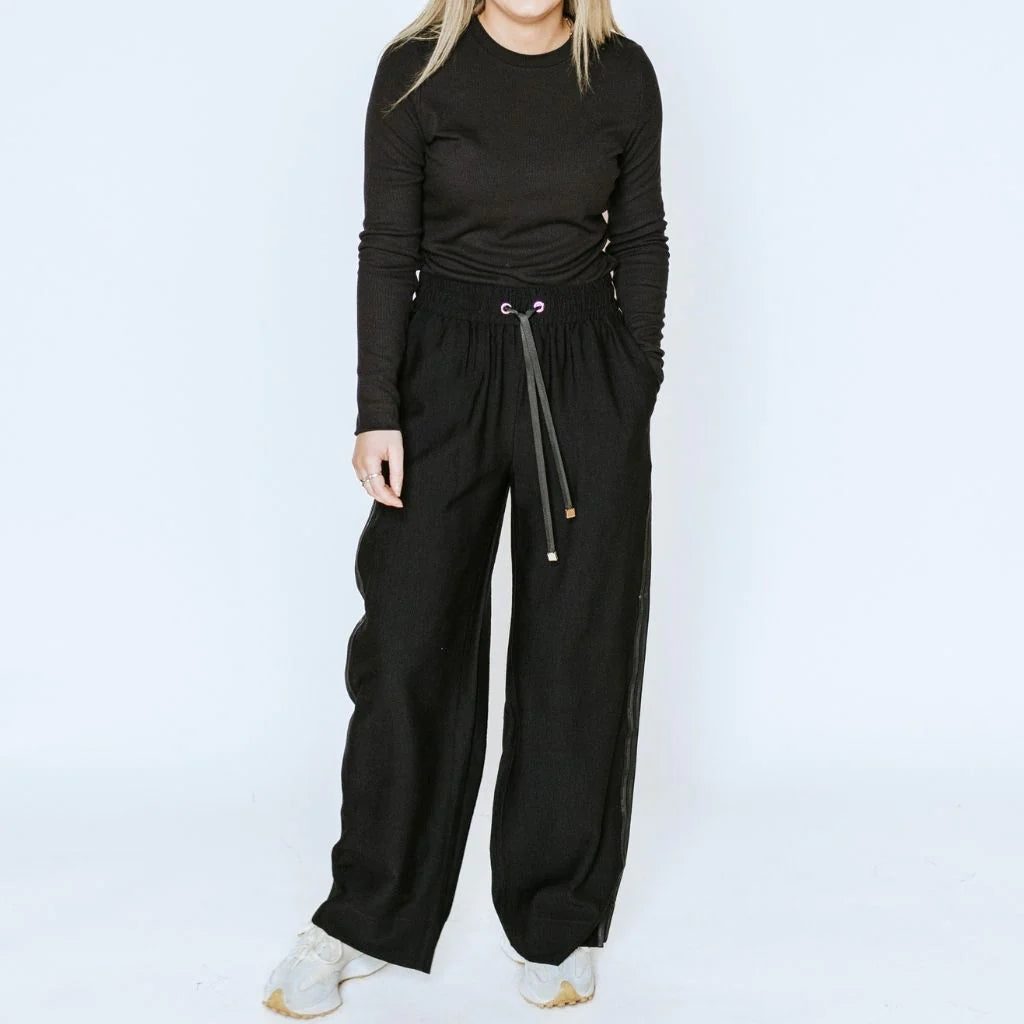 Indiana Wide Leg Pants - Black w Satin - MOKE Pant NZ LUMA