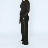 Indiana Wide Leg Pants - Black w Satin - MOKE Pant NZ LUMA