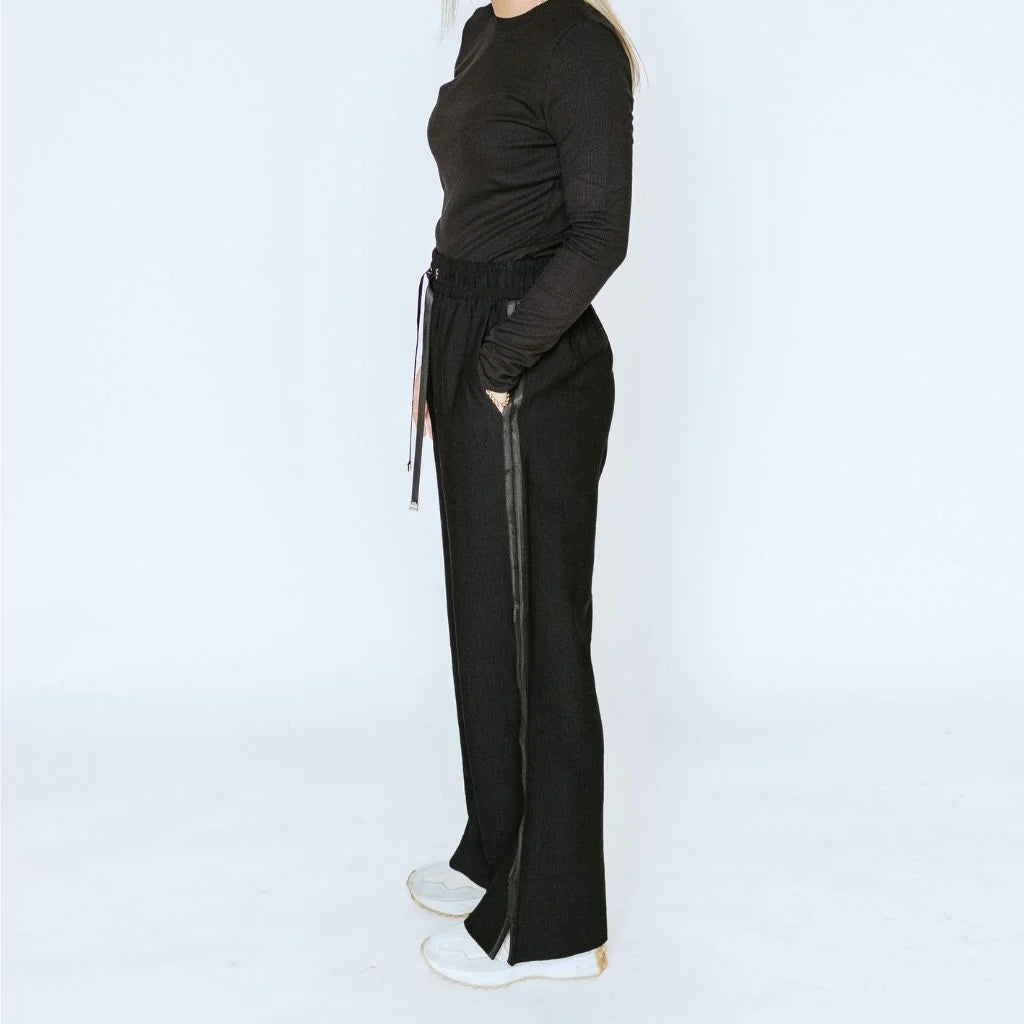Indiana Wide Leg Pants - Black w Satin - MOKE Pant NZ LUMA
