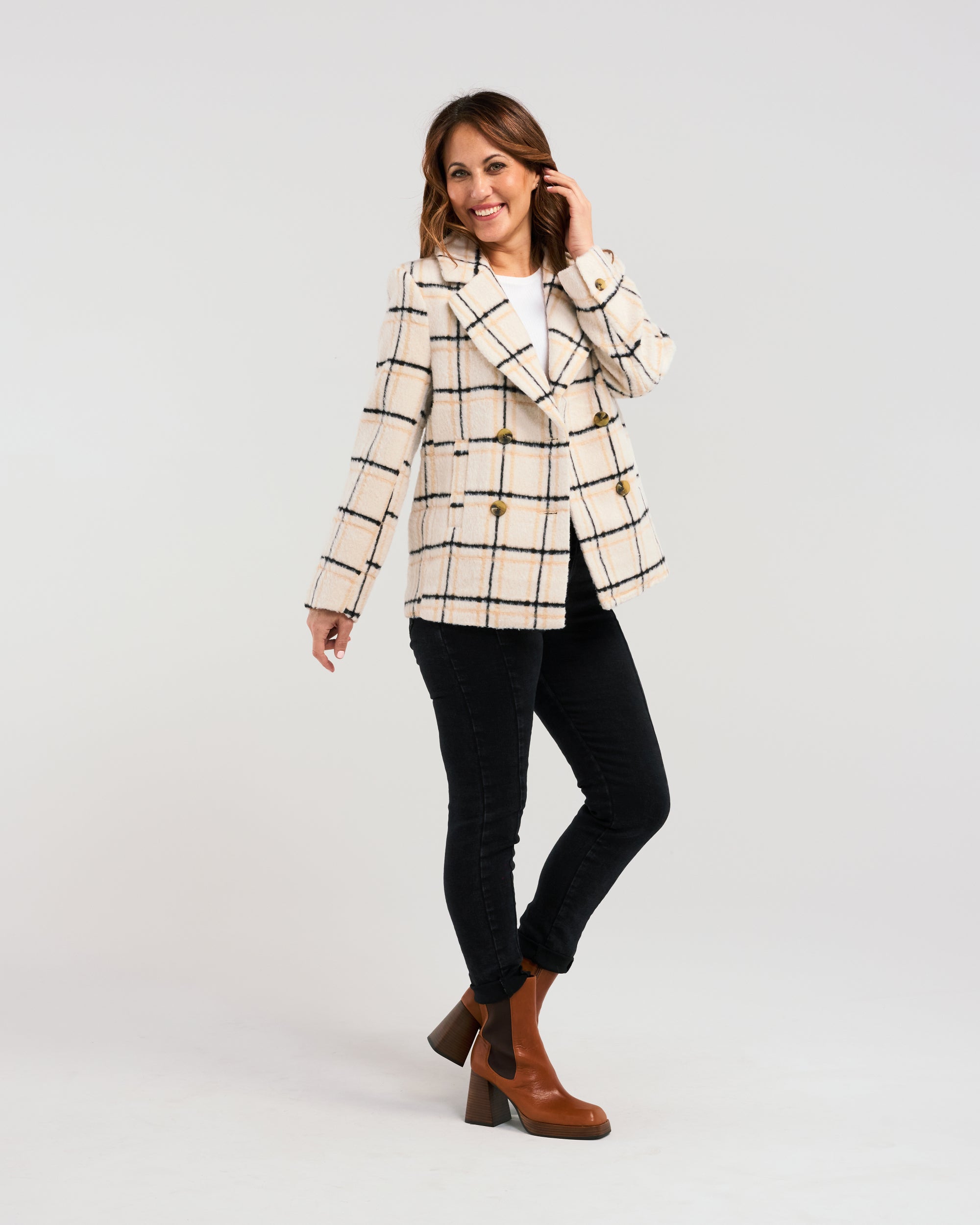Veda Coat - Beige Plaid - ZAFINA Jacket NZ LUMA