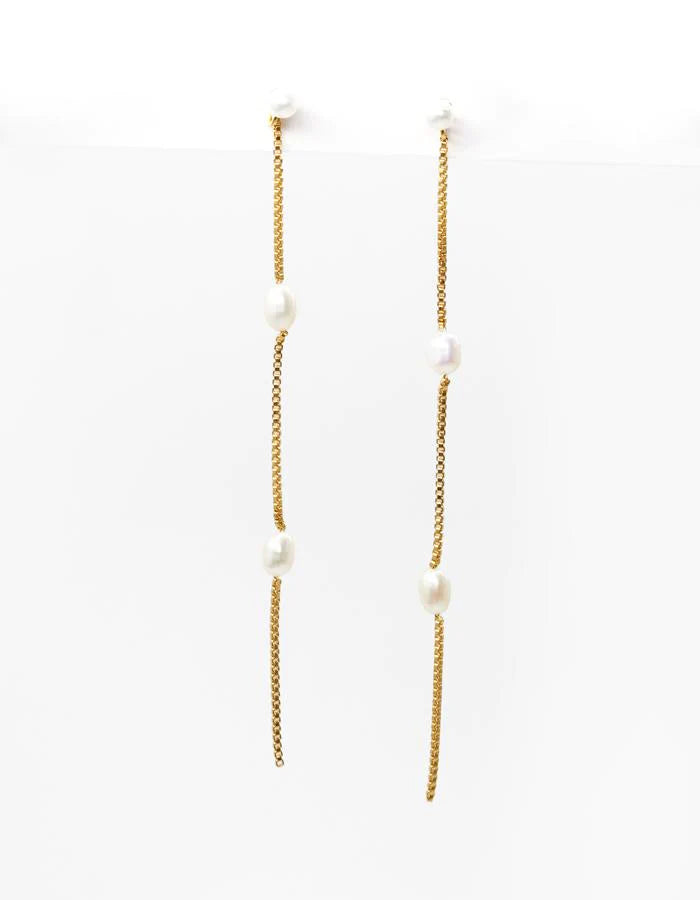Gold Long Box Chain w Fresh Water Pearls Earring STELLA GEMMA