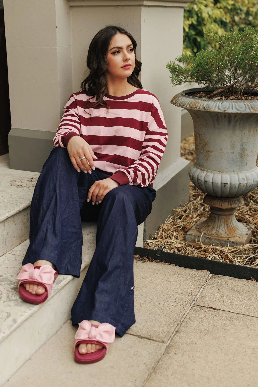 HOME LEE - Hugo Crew - Merlot & Blush Stripe Top 16 18 12 10 8 14 NZ LUMA