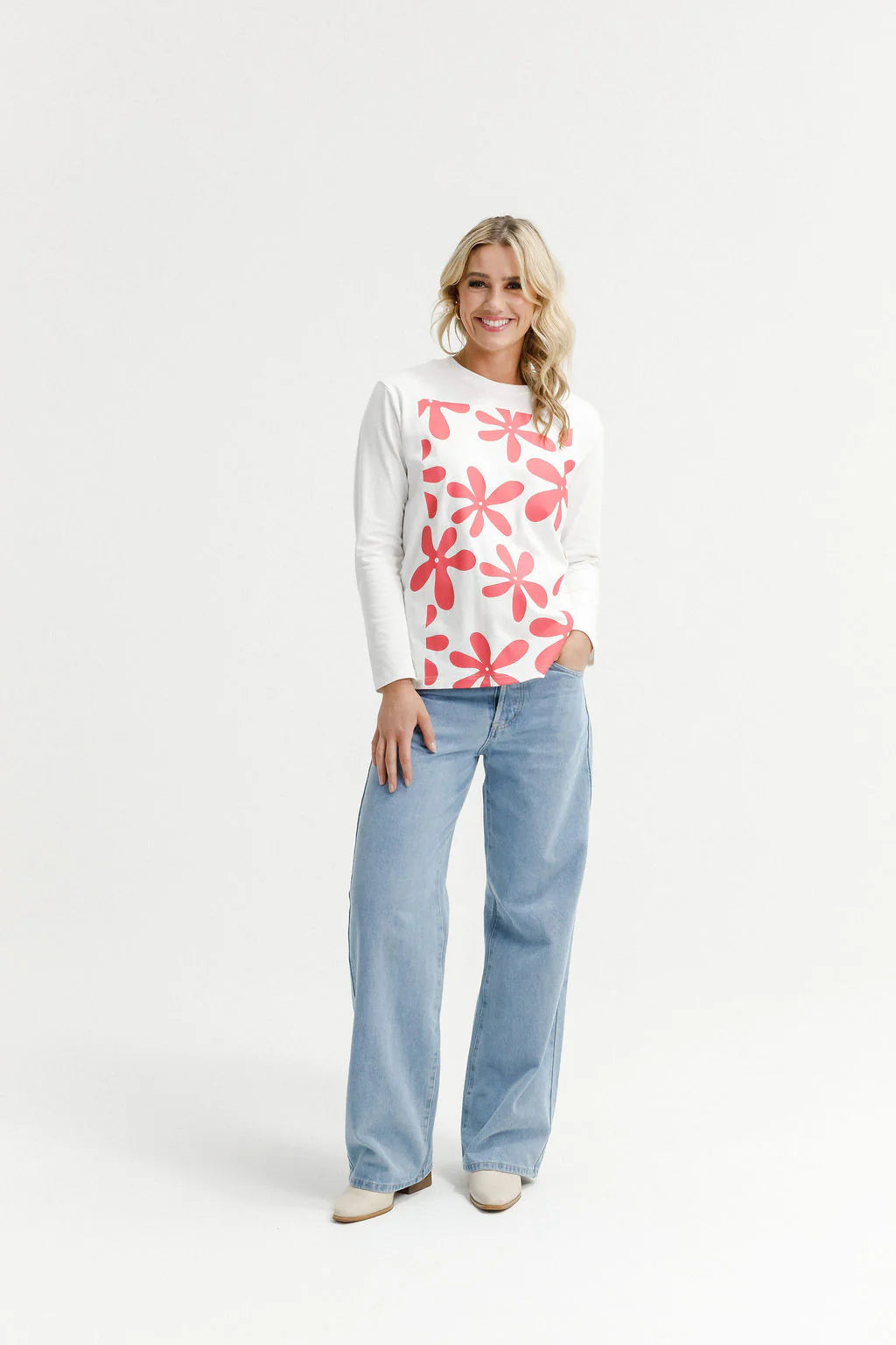 HOME-LEE Long Sleeve Chris Tee - Coral Daisies