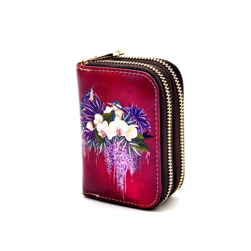 Double Card Holder - Anita Madhav, Pink/Purple Flowers with Crowned Bird - NZ ARTISTS COLLECTION Accessories NZ LUMA