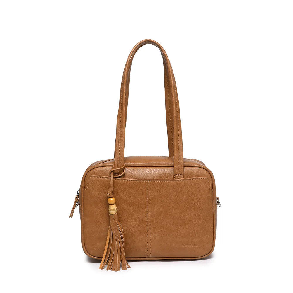 Tan structured handbag front view with central seam and wood bead details