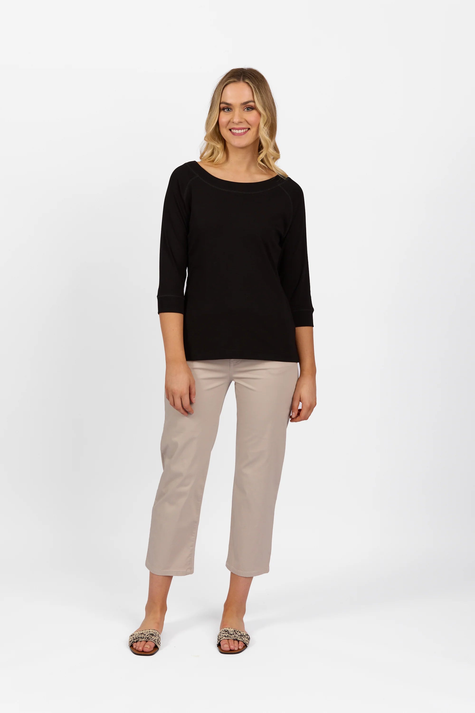 Boat Neck 3/4 Sleeve Top - Black - VASSALLI Top NZ LUMA