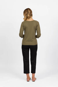 Boat Neck 3/4 Sleeve Top - Olive - VASSALLI Top NZ LUMA