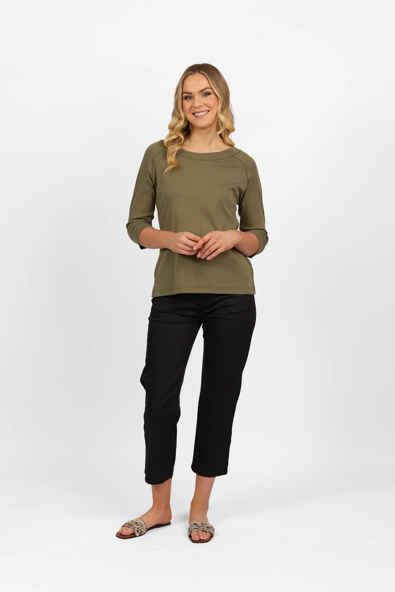 Boat Neck 3/4 Sleeve Top - Olive - VASSALLI Top NZ LUMA