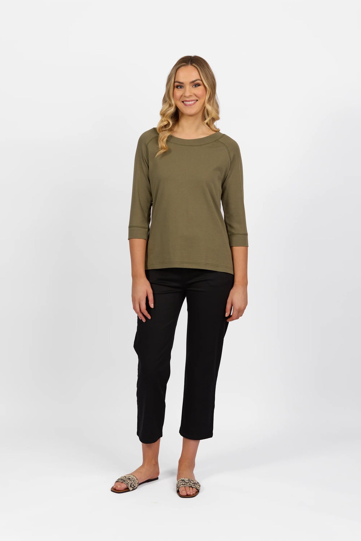 Boat Neck 3/4 Sleeve Top - Olive - VASSALLI Top NZ LUMA