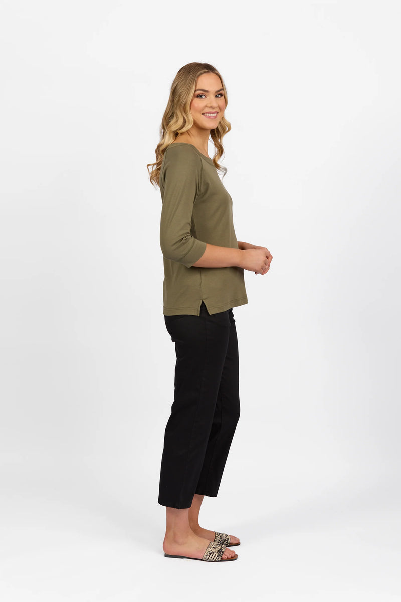 Boat Neck 3/4 Sleeve Top - Olive - VASSALLI Top NZ LUMA