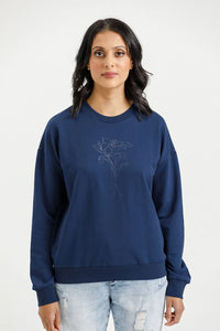 Camilla Crew - Indigo Blue w Tonal Floral Print - HOME LEE Top NZ LUMA