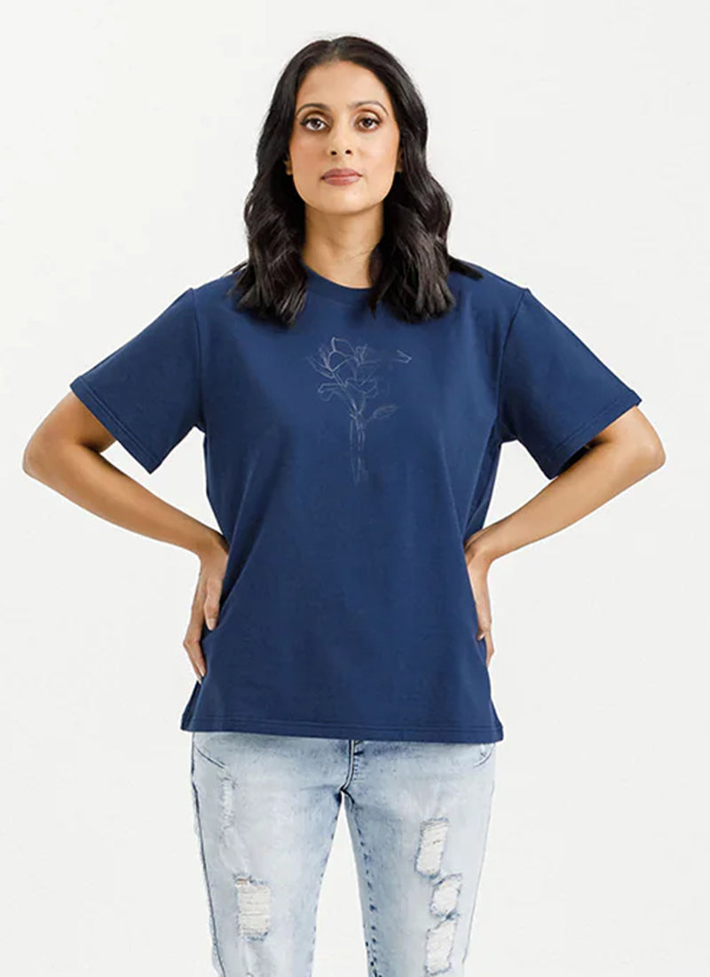 Chris Tee - Indigo Blue w Tonal Floral Print - HOME LEE Top 14 12 8 10 16 NZ LUMA