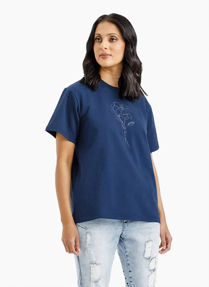 Chris Tee - Indigo Blue w Tonal Floral Print - HOME LEE Top NZ LUMA