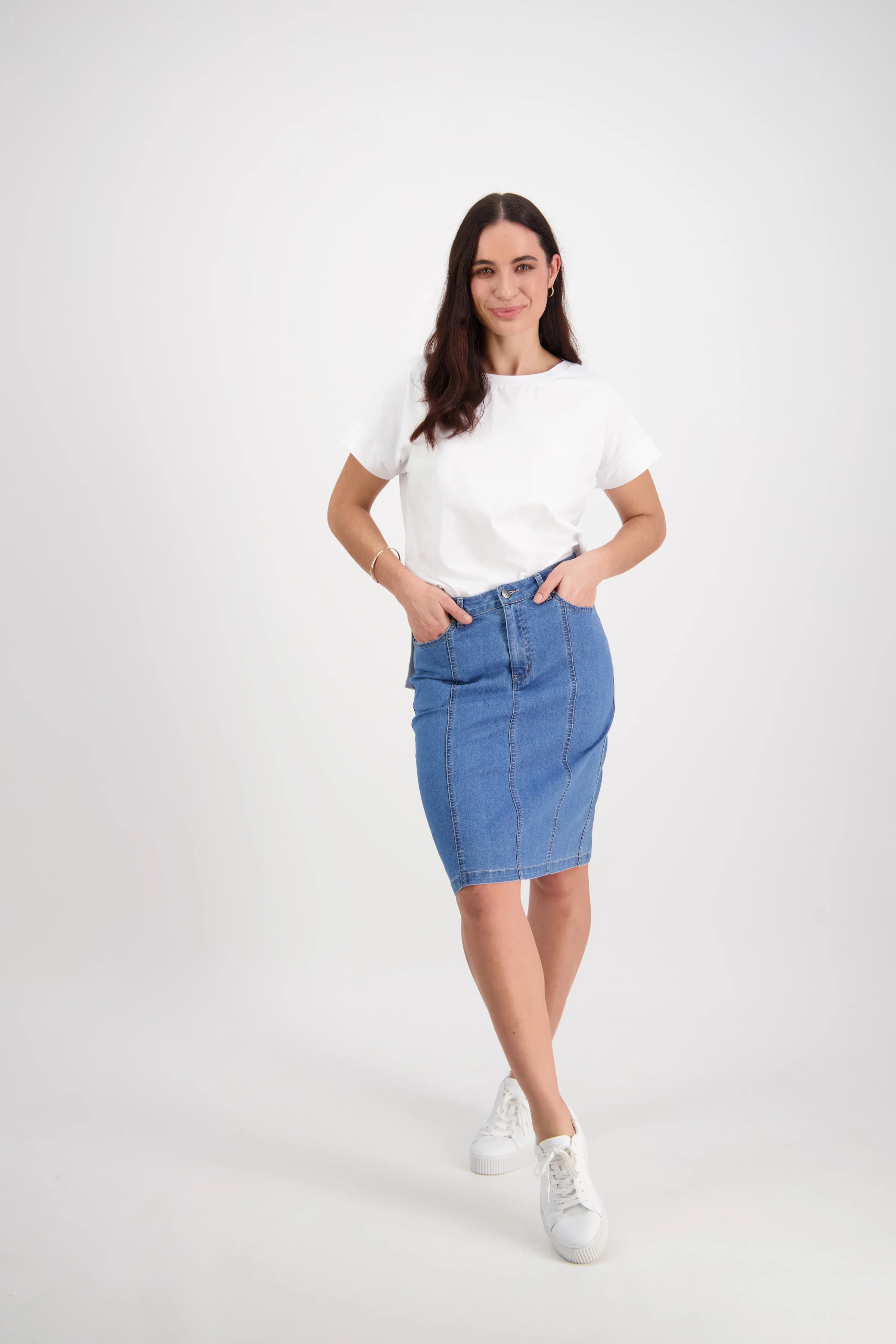 Contrast Stitch Denim Skirt Light Denim VASSALLI