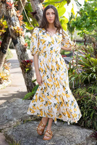 Dolly Midi Dress - Yellow Khaki Print - CHARLO Dress 16 14 10 12 18 NZ LUMA