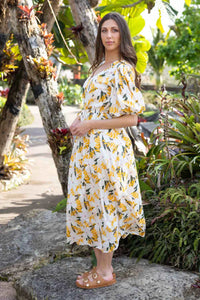 Dolly Midi Dress - Yellow Khaki Print - CHARLO Dress NZ LUMA