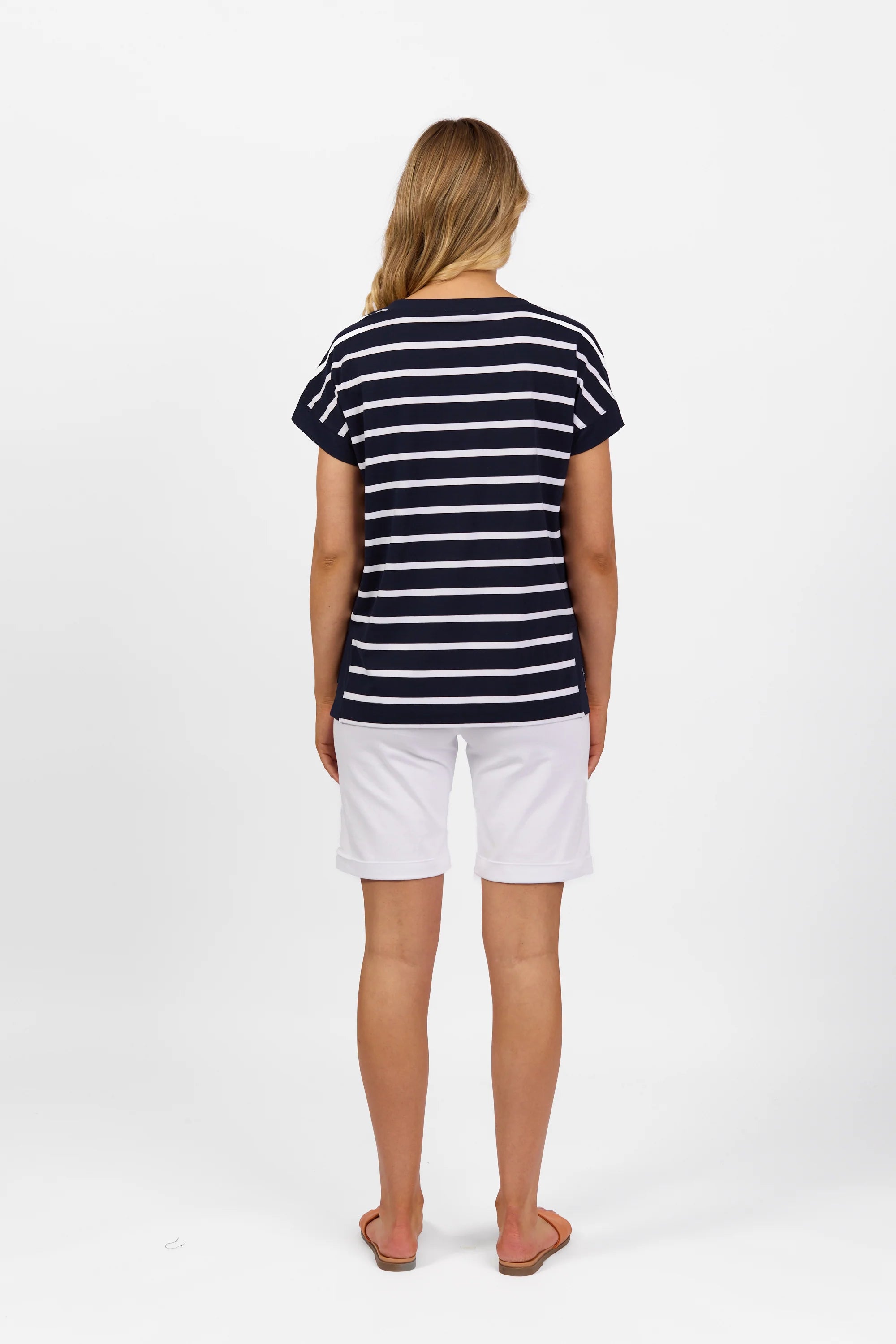 Drop Sleeve Top Stepped Hem - Ink/White Stripe - VASSALLI Top NZ LUMA