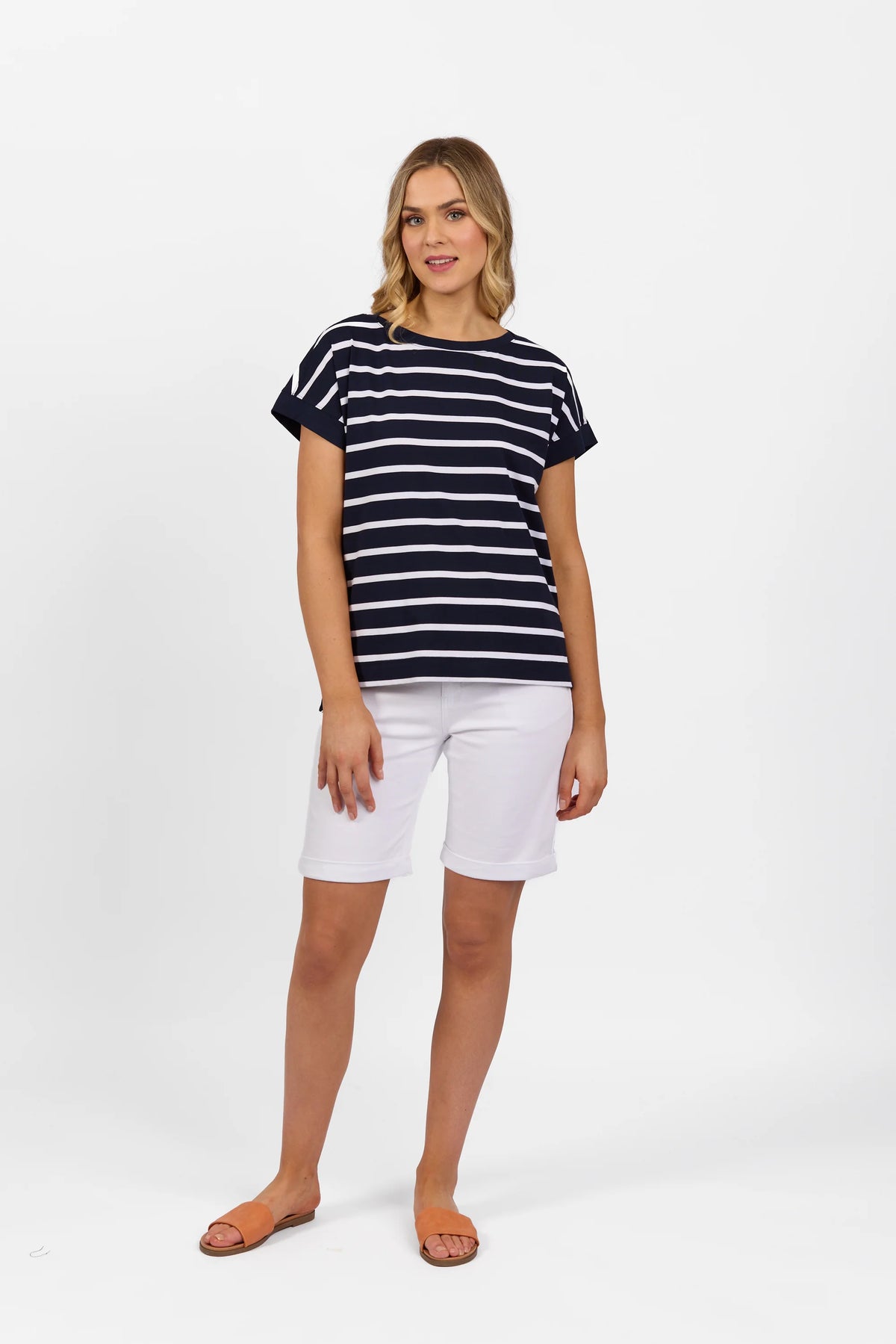 Drop Sleeve Top Stepped Hem - Ink/White Stripe - VASSALLI Top 12 10 14 18 16 8 NZ LUMA