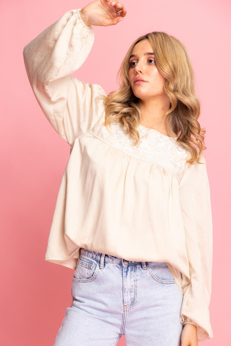 Hannah Top - Cream Embroidered Blouse - CHARLO