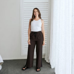 Indiana Wide Leg Pants - Dark Chocolate w Satin - MOKE Pant NZ LUMA