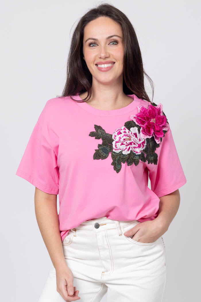 Izzie Flower T-Shirt - Pink - CHARLO Top NZ LUMA