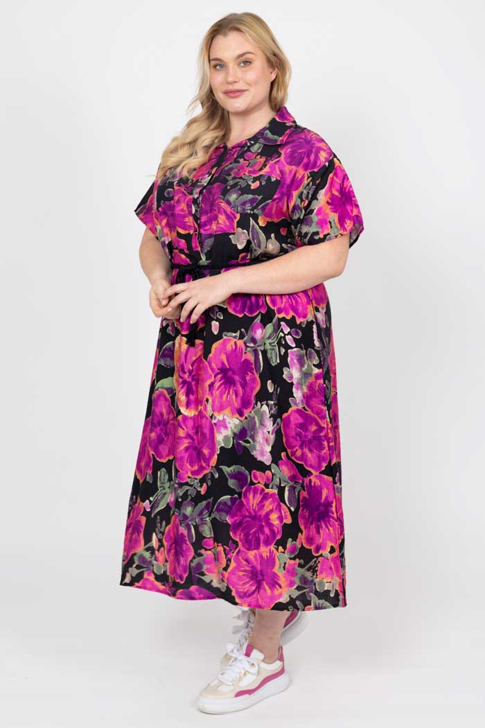 Jett Shirt Dress - Black Floral - CHARLO Dress NZ LUMA