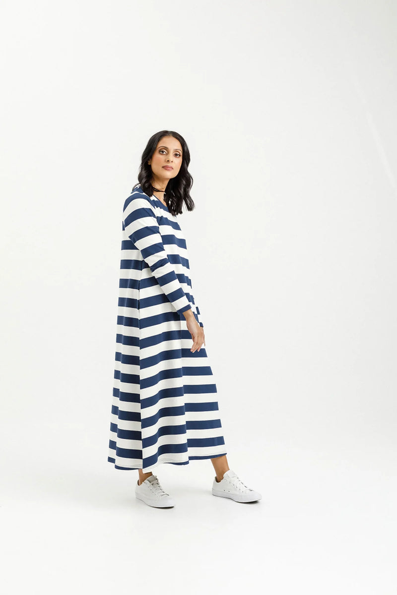 Kinsley Midi Dress - Indigo Blue w Stripe Mini X - HOME LEE Dress NZ LUMA