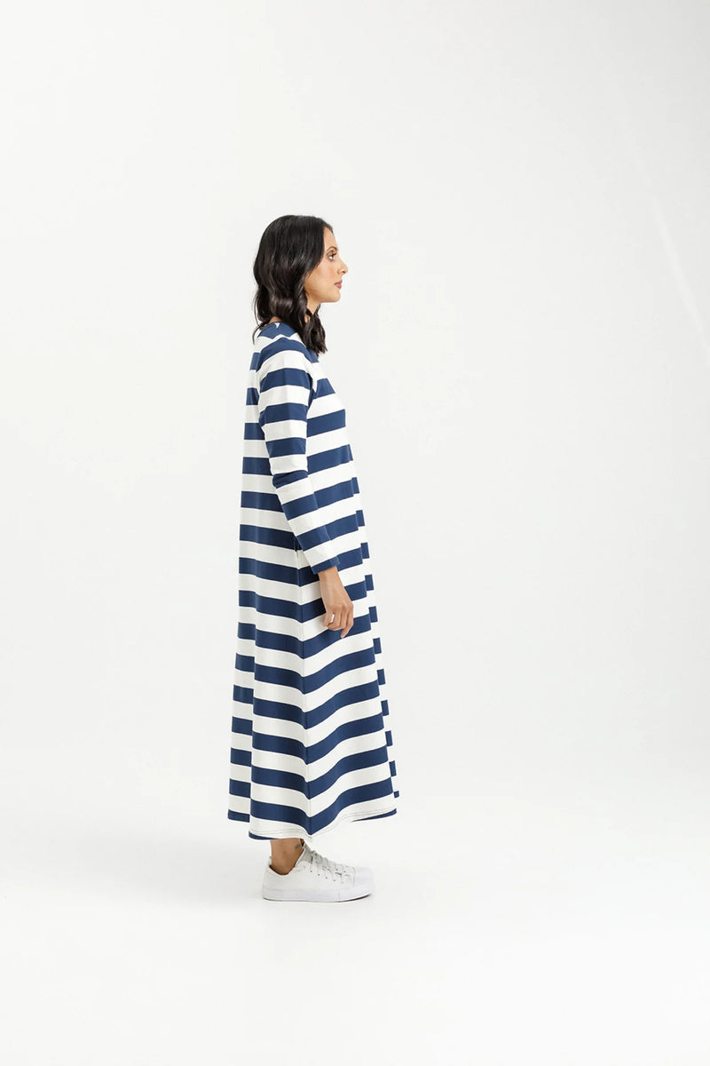 Kinsley Midi Dress - Indigo Blue w Stripe Mini X - HOME LEE Dress NZ LUMA