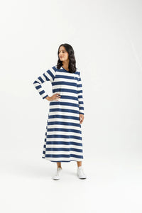 Kinsley Midi Dress - Indigo Blue w Stripe Mini X - HOME LEE Dress NZ LUMA