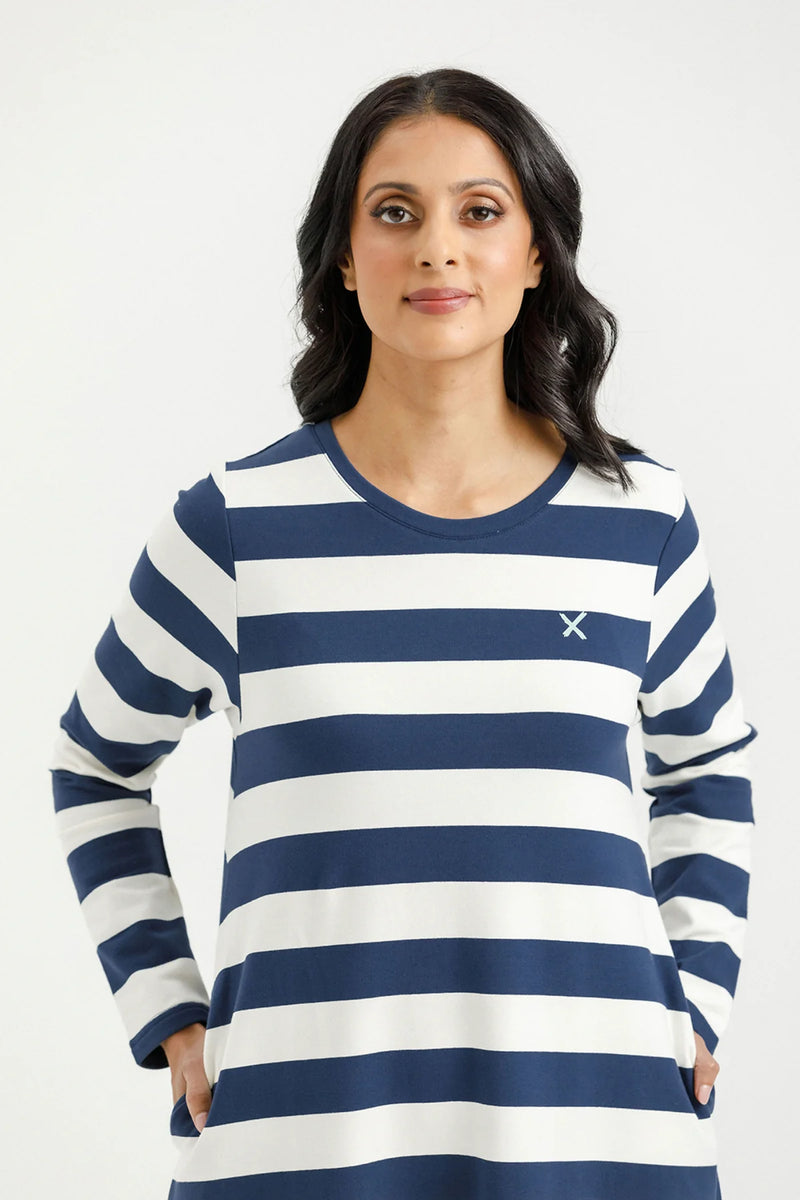 Kinsley Midi Dress - Indigo Blue w Stripe Mini X - HOME LEE Dress NZ LUMA