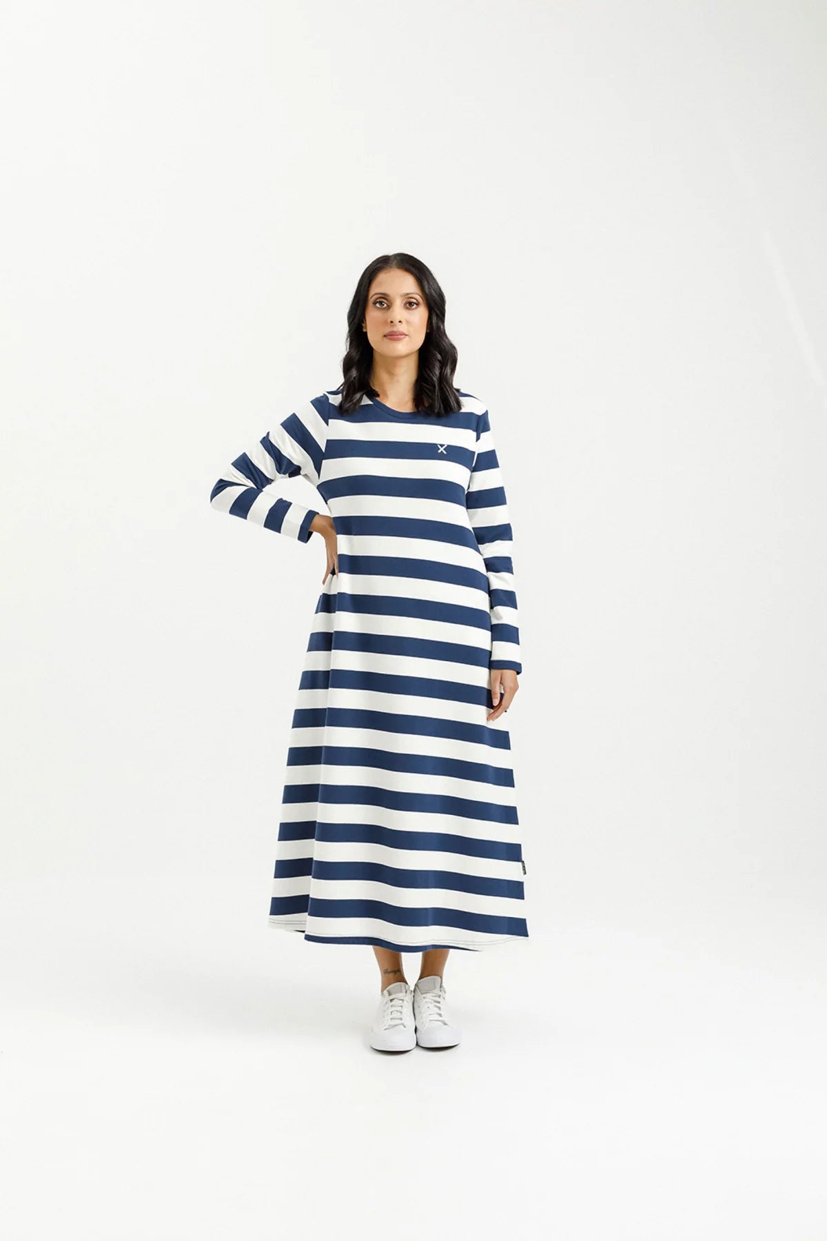 Kinsley Midi Dress - Indigo Blue w Stripe Mini X - HOME LEE Dress 10 12 8 14 NZ LUMA