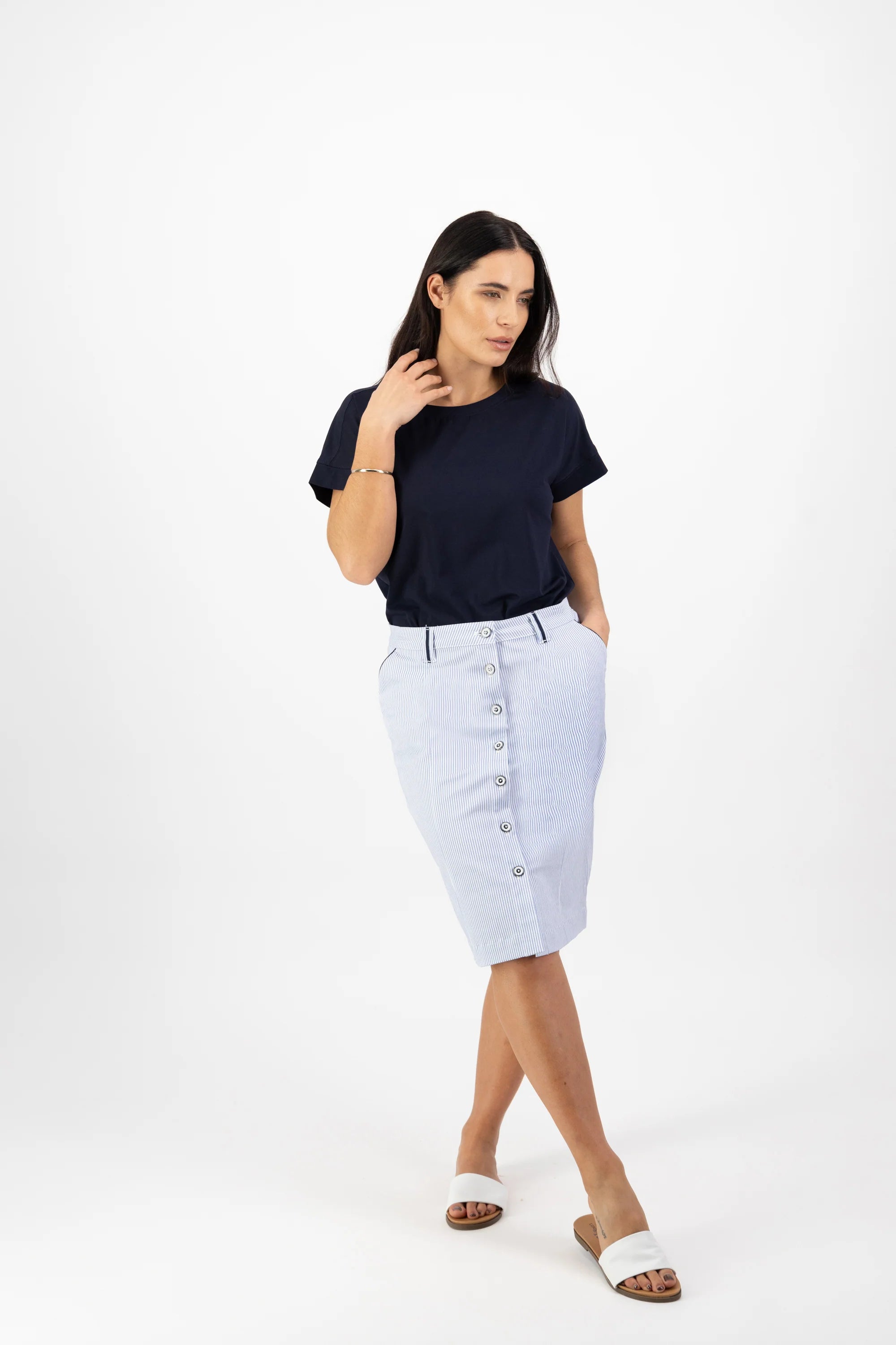 Knee Length Skirt Blue Stripe VASSALLI