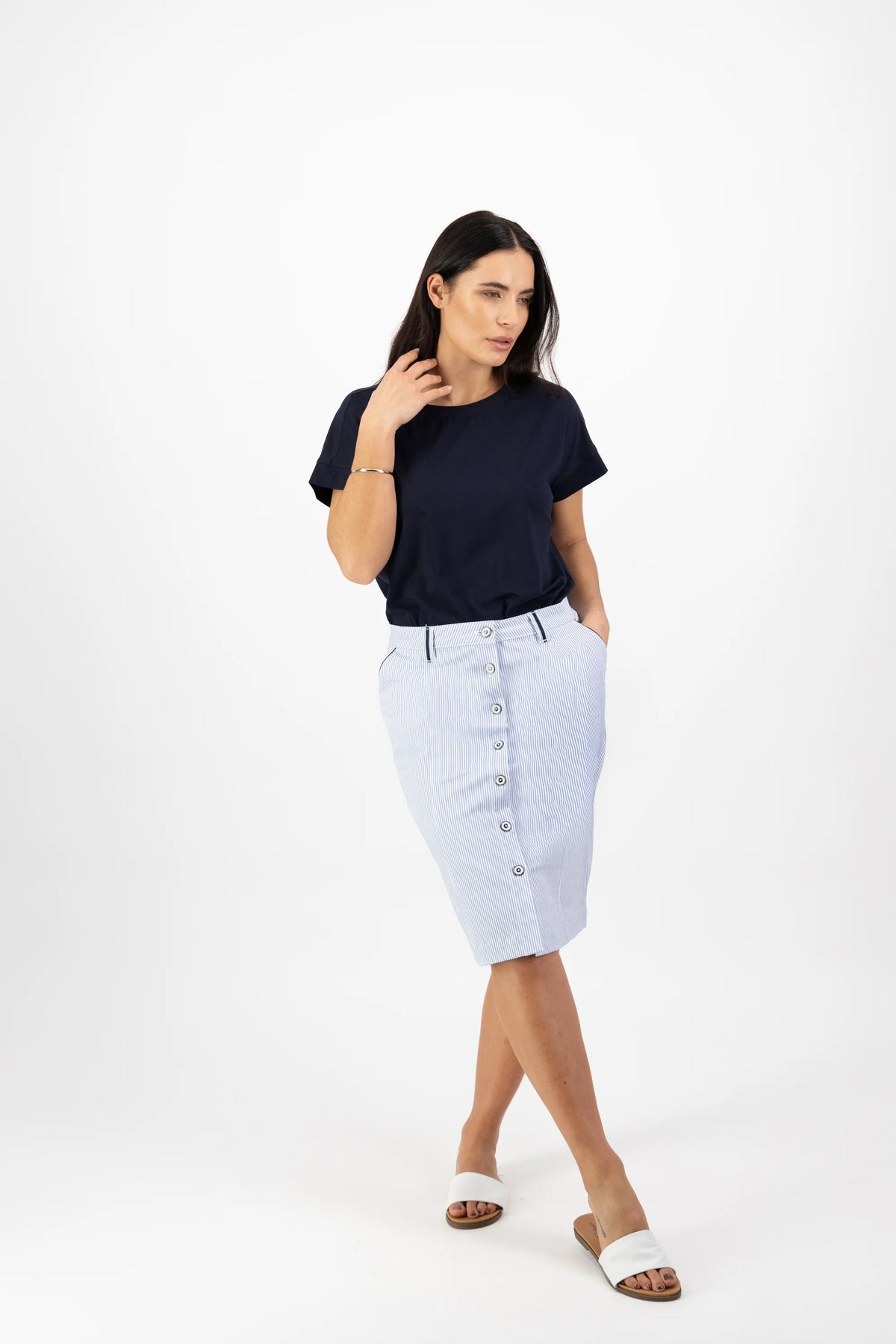 Knee Length Skirt - Blue Stripe - VASSALLI Skirt 8 16 12 10 14 NZ LUMA