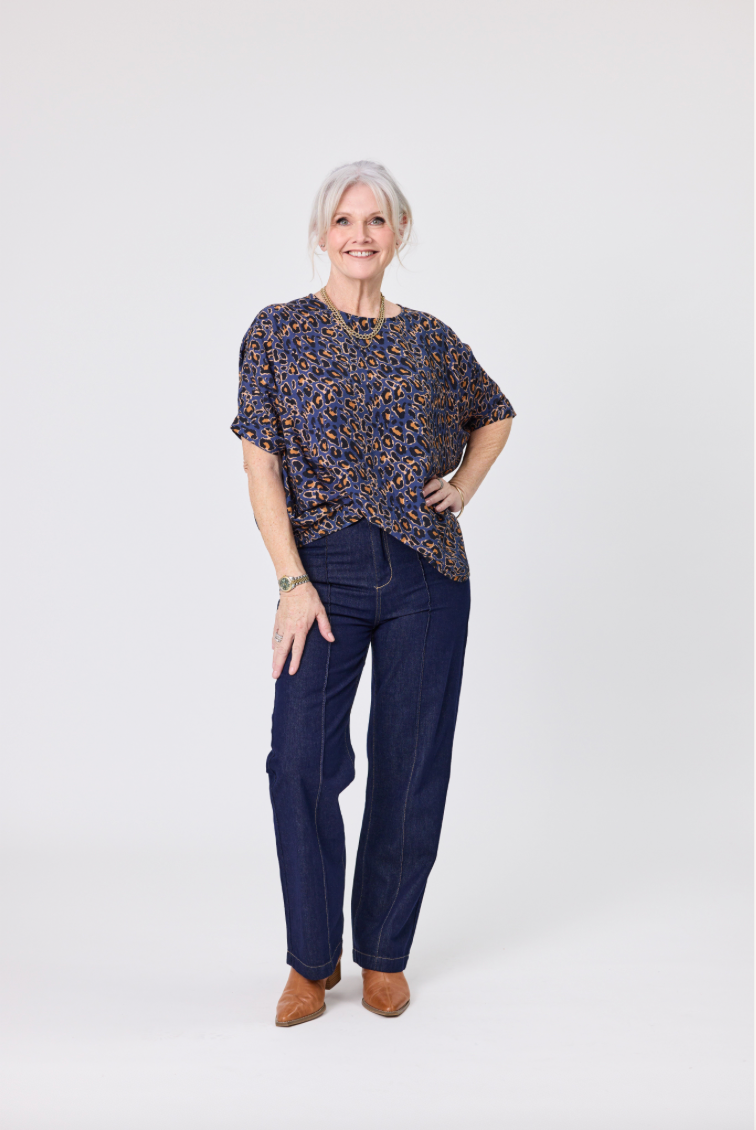 Kora Top - Blue Cat Print - LEMON TREE Top NZ LUMA