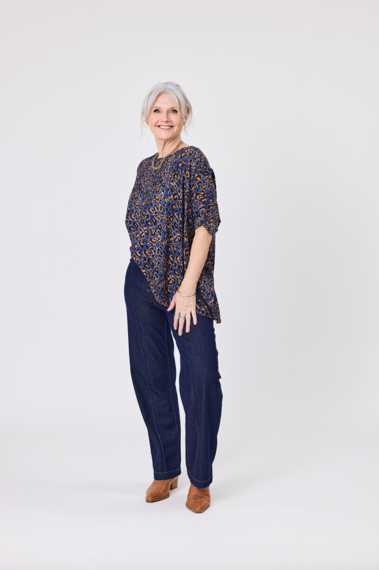 Kora Top - Blue Cat Print - LEMON TREE Top NZ LUMA