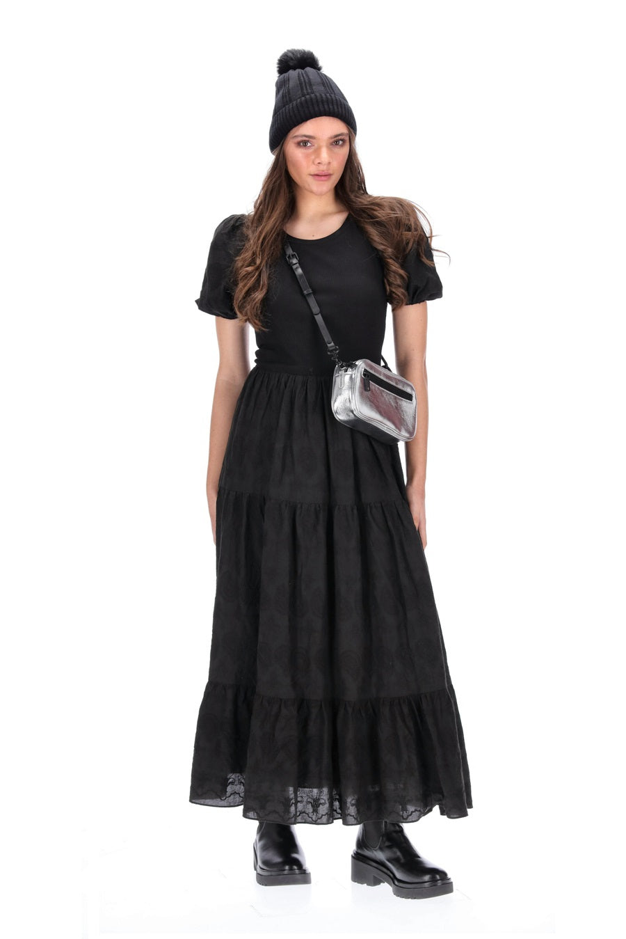 Lalei Embroidered Modal Midi Dress - Black - CHARLO