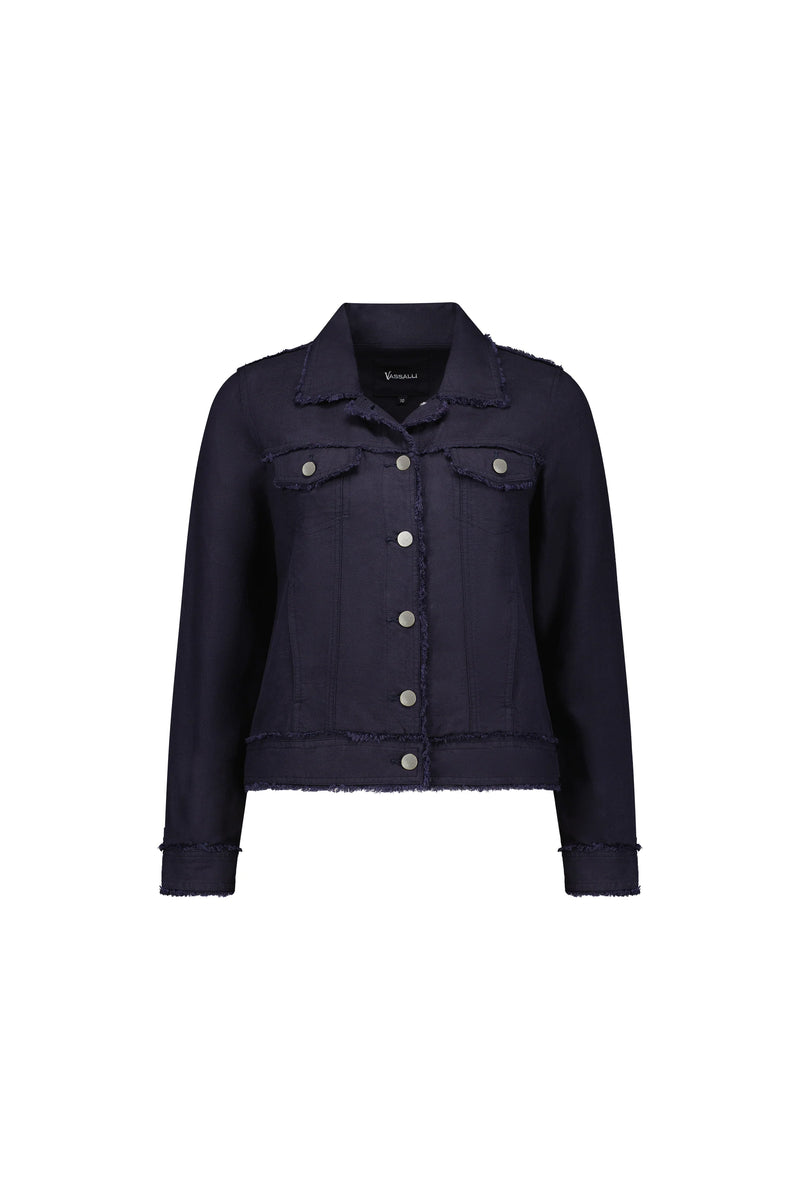 Linen Jacket with Frayed Seams - Navy - VASSALLI Jacket NZ LUMA