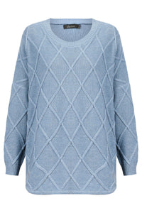 Blue diamond patterned sweater on a white background