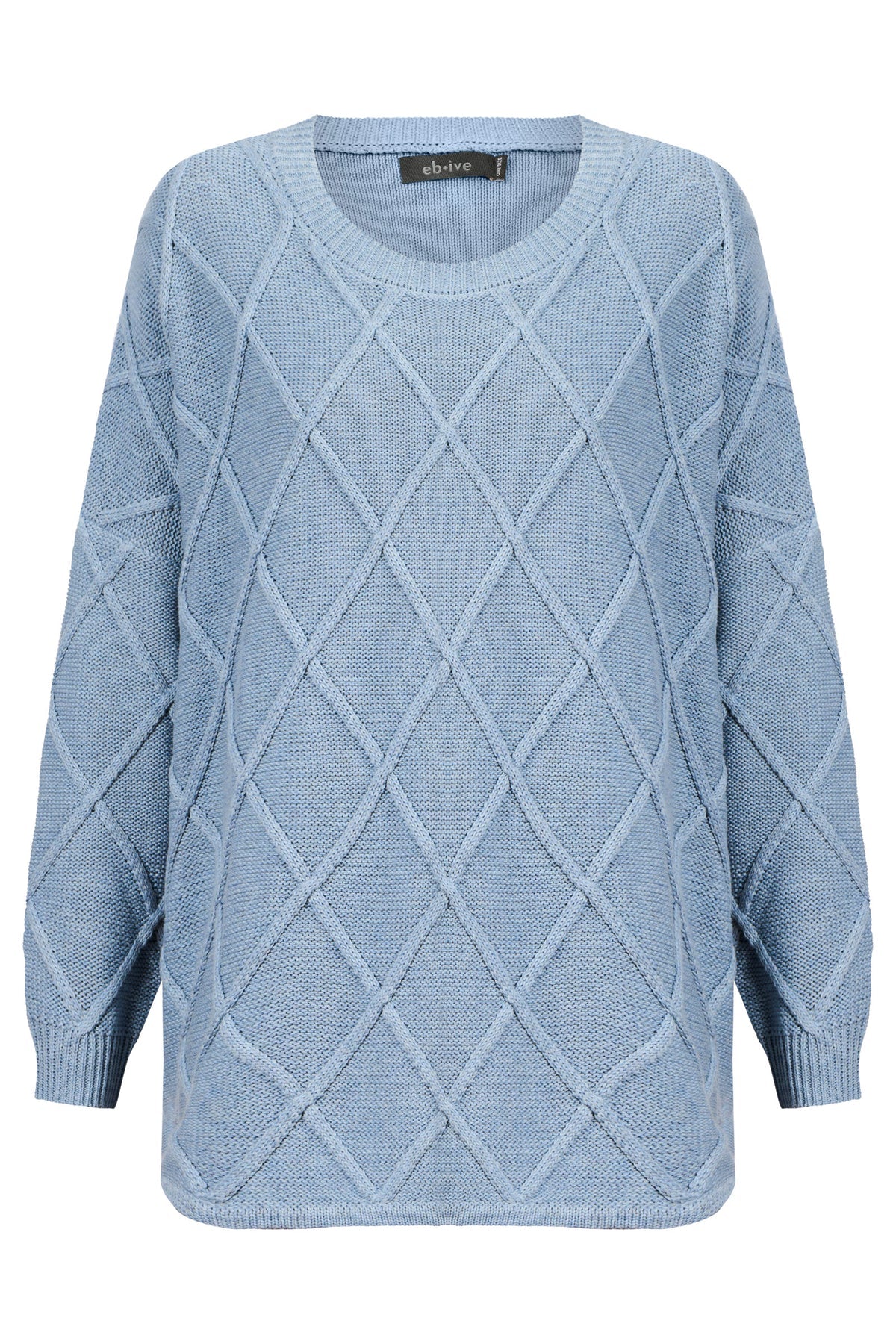 Blue diamond patterned sweater on a white background