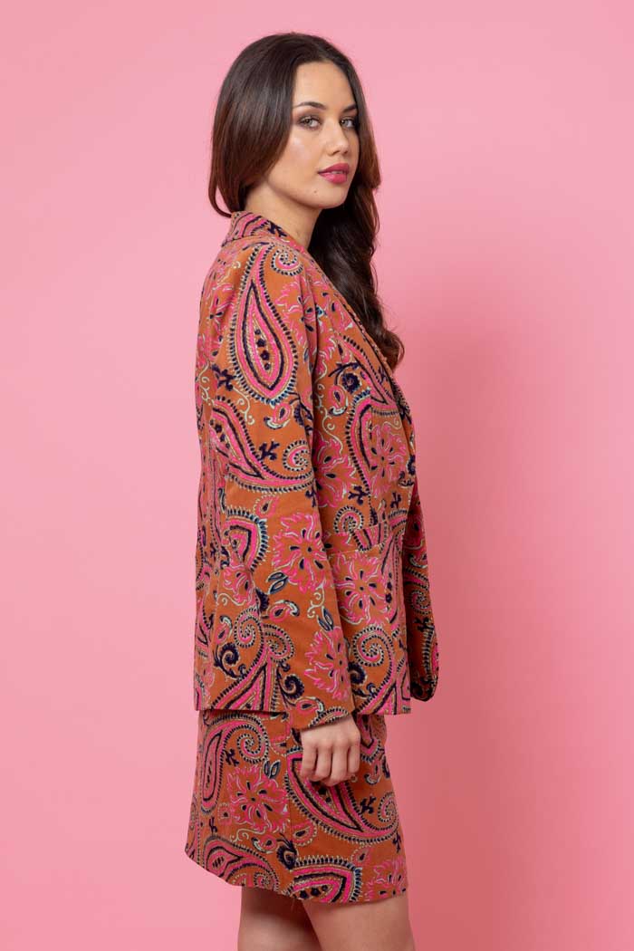 Louie Cord Blazer - Caramel Paisley - CHARLO Coat NZ LUMA