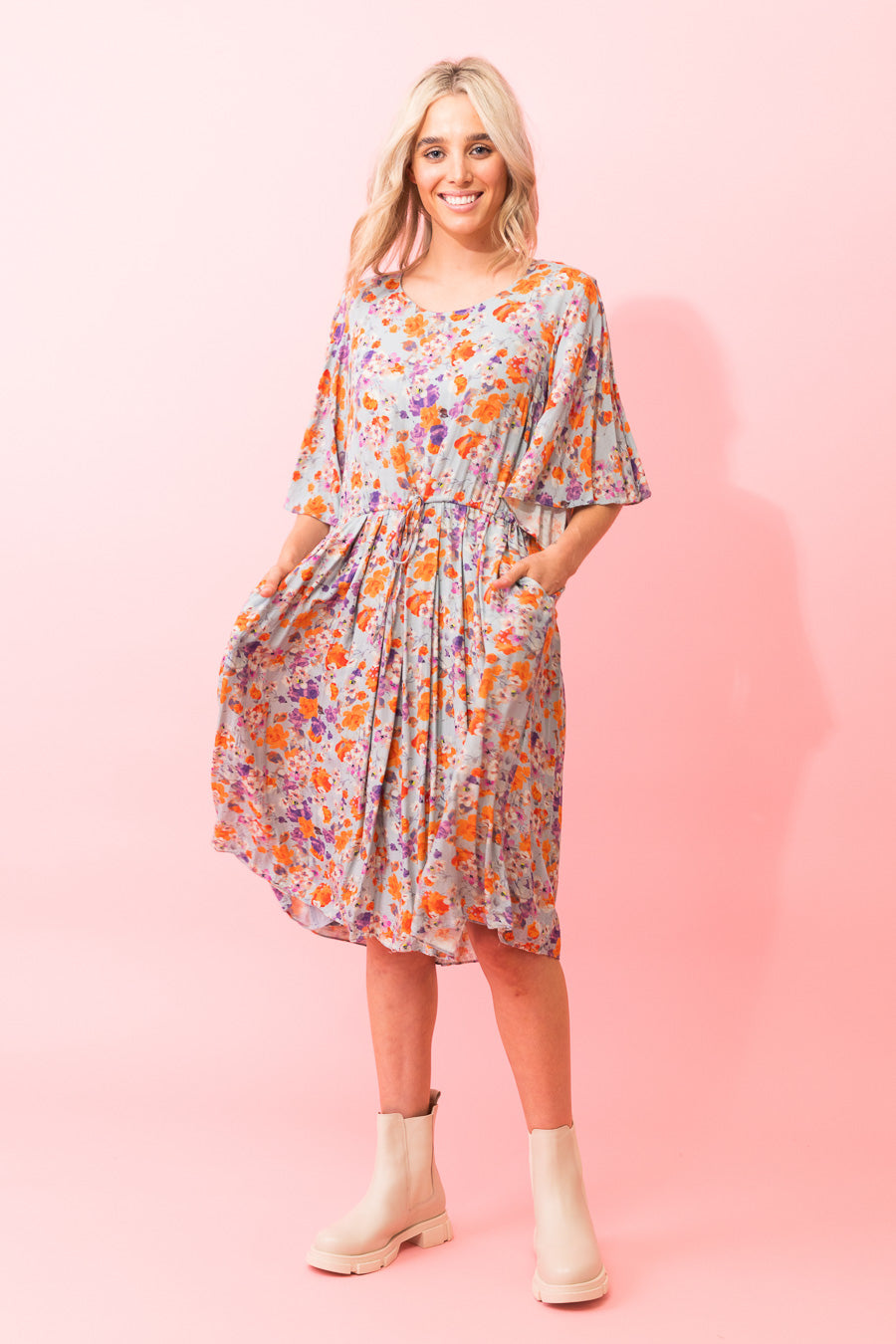 Louise Midi Dress - Blue Floral - CHARLO