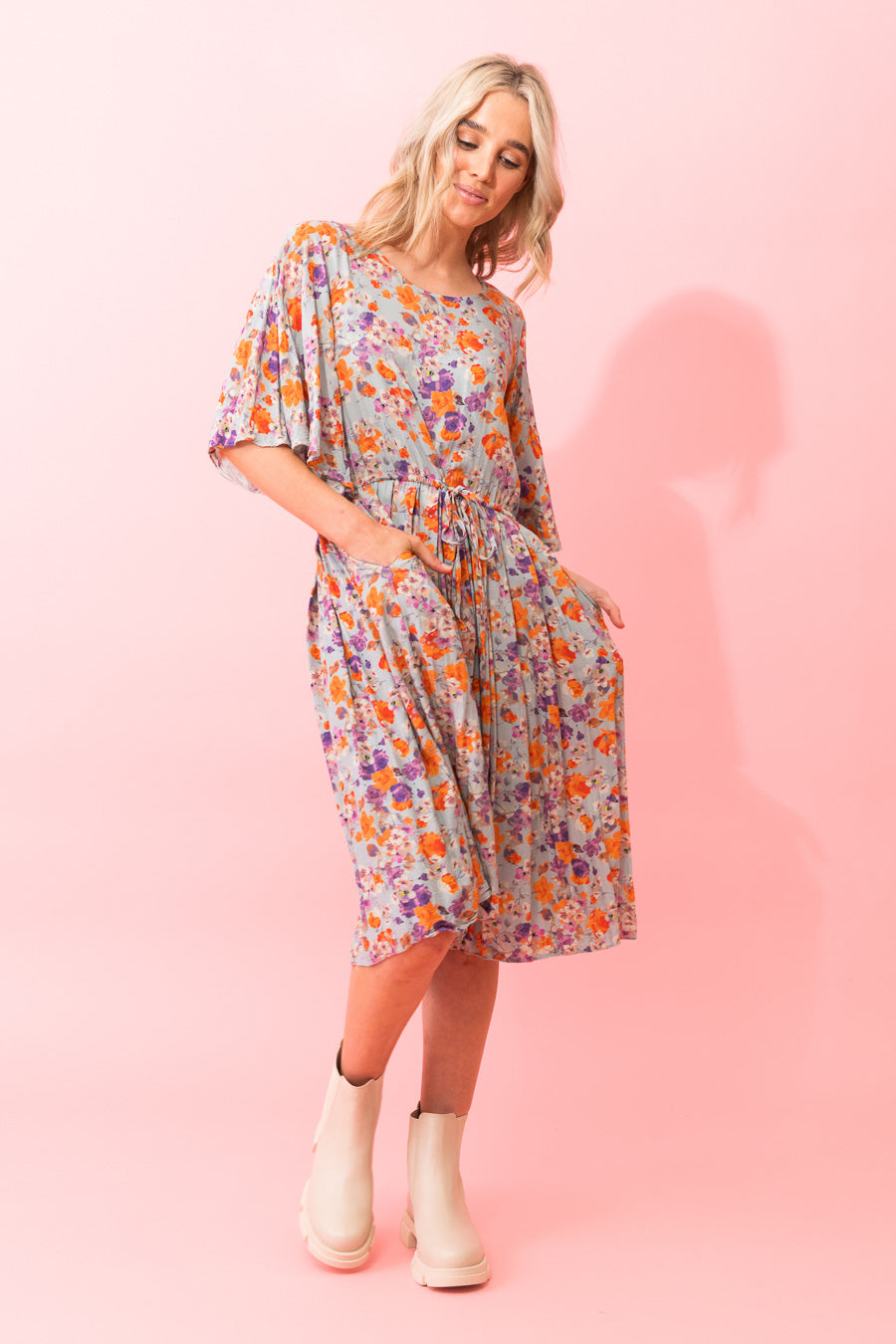 Louise Midi Dress - Blue Floral - CHARLO