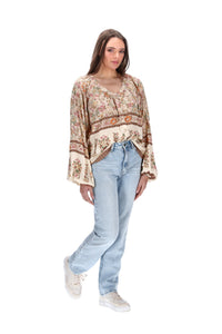 Madeline Boho Blouse - Beige Floral - CHARLO Top NZ LUMA