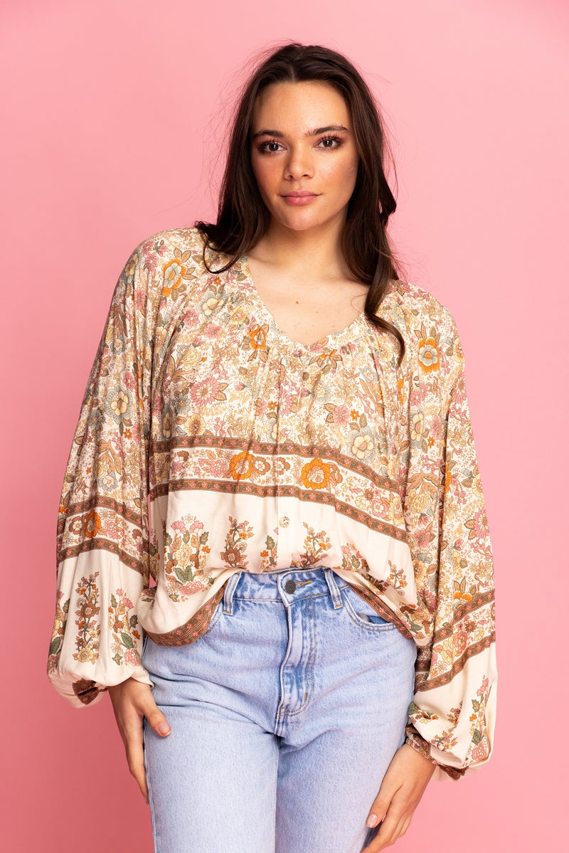 Madeline Boho Blouse - Beige Floral - CHARLO Top NZ LUMA