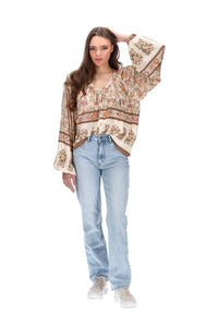 Madeline Boho Blouse - Beige Floral - CHARLO Top NZ LUMA