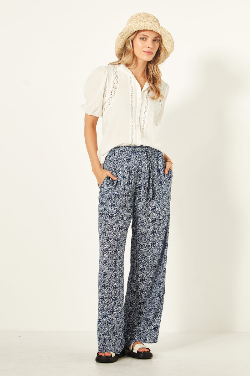 Martina Pant - Blue Tile Print - LEMON TREE Pant NZ LUMA