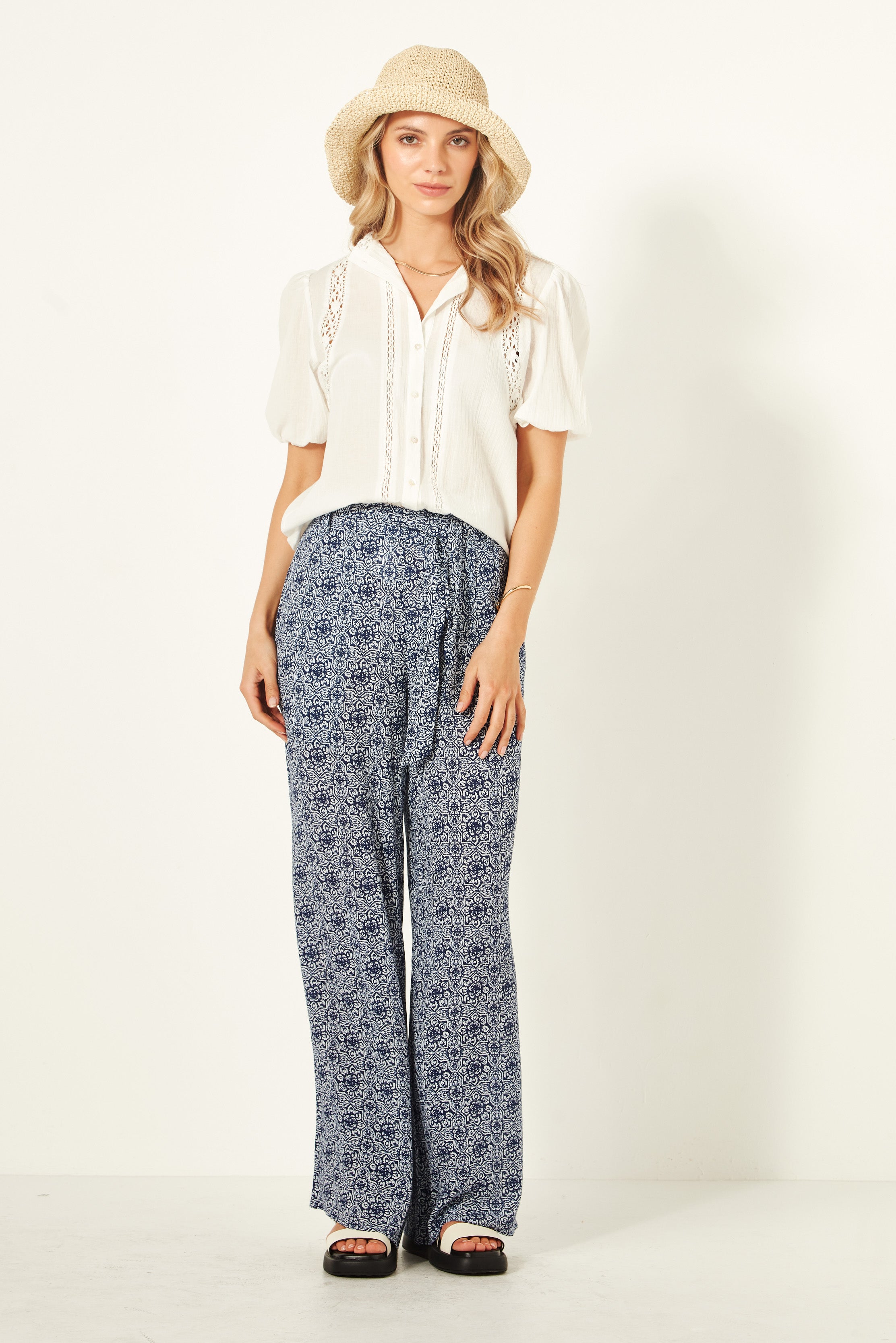 Martina Pant - Blue Tile Print - LEMON TREE Pant NZ LUMA