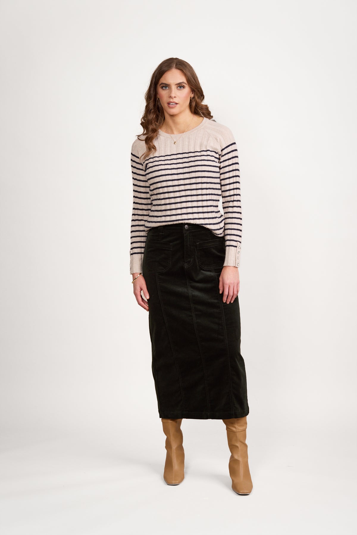 Mid Length Cord Skirt w Front Panel Seams - VASSALLI Skirt NZ LUMA