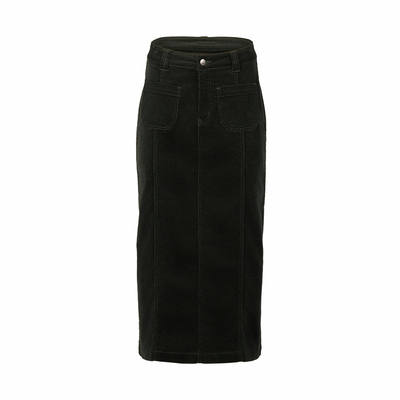 Mid Length Cord Skirt w Front Panel Seams - VASSALLI Skirt NZ LUMA